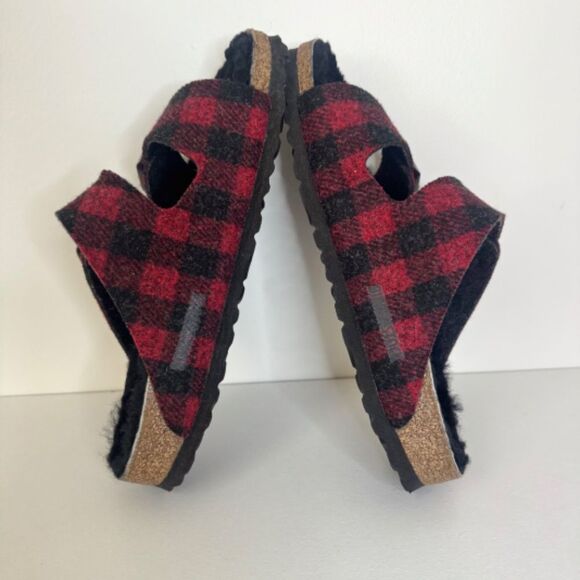 Birkenstock Arizona Shearling Slide Sandal - Red/Black Plaid | Size 39 - Picture 7 of 8